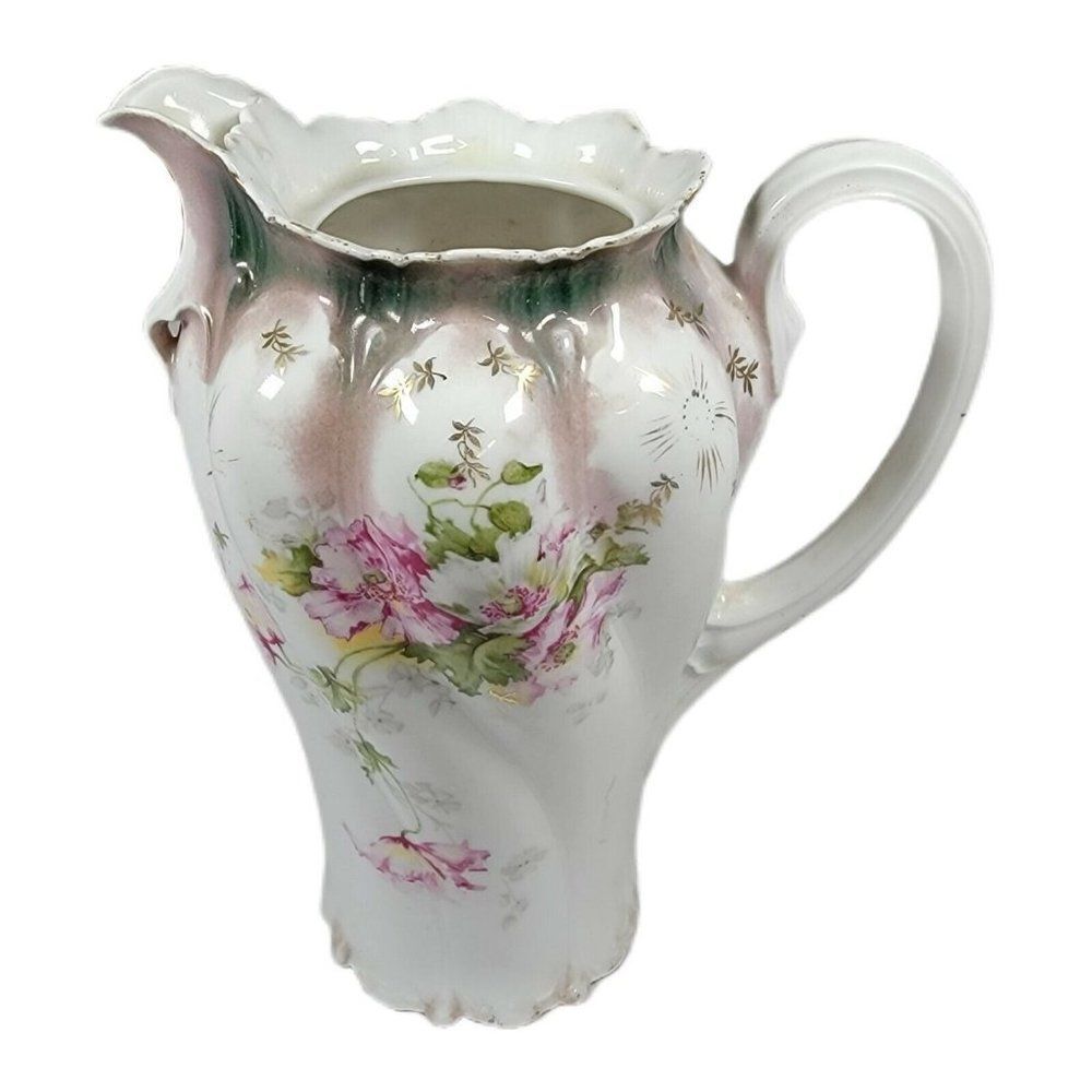 ANTIQUE RS PRUSSIA CHOCOLATE POT W/O LID 8.75" Pink Roses Old Fashioned Marked
